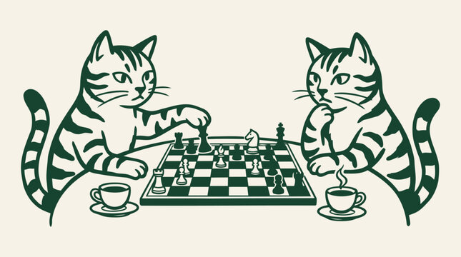 Two tabby cats playing chess game sitting at table with cups of tea vector line art style.