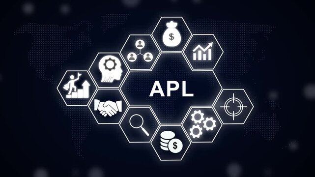 Apl business strategy concept featuring hexagonal infographic representing corporate growth, financial success, team collaboration, digital marketing, and strategic