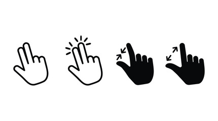 Obraz premium Black and white hand gesture icons featuring double finger click and zoom pinch movements.