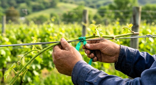 Farmer tying a grape vine to a wire support with a green tie in a vineyard, close-up on hands