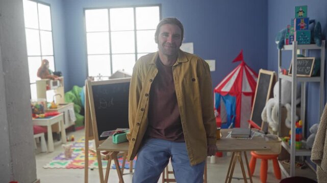 Man leaning on wooden table with chalkboard and colorful toys in a children's playroom building; calm supportive presence.