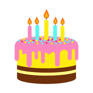 Vector birthday cake with pink icing and colorful sprinkles illustration