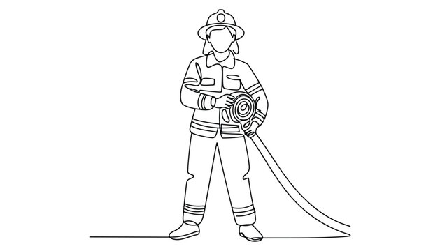 One continuous line illustration of an firefighter , isolated on white background.
