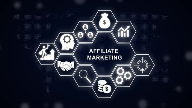 Affiliate marketing digital concept with glowing hexagonal featuring business growth, financial success, passive income strategy, networking, and strategic planning for