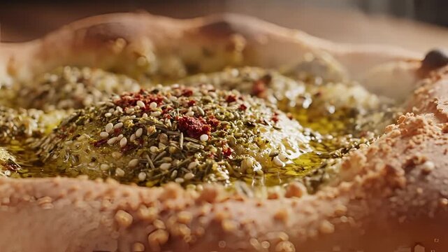 Closeup of delicious zaatar manakish with olive oil and spices.