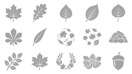 A collection of stylized grey leaf and nature-themed icons, including various leaf shapes, acorns, pinecones, and a laurel wreath. © yuanita