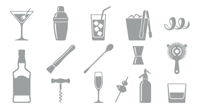 A collection of grey icons representing various bar tools and cocktail ingredients, including a martini glass, shaker, bottle, and ice bucket.