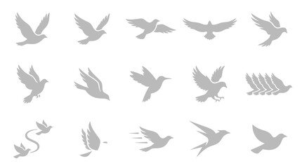 Collection of Silhouetted Dove Icons in Various Flight Poses. © yuanita