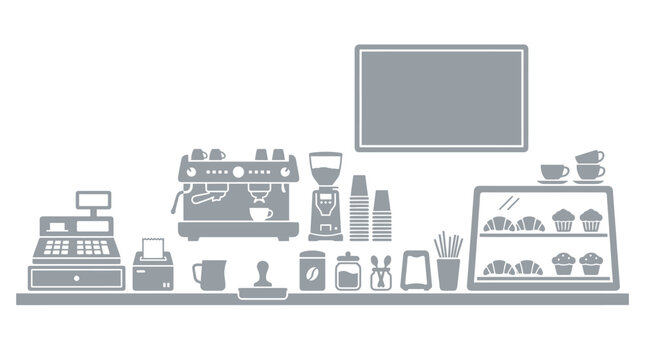 A comprehensive illustration of a coffee shop counter setup, featuring an espresso machine, cash register, pastry display, and various coffee-making accessories.