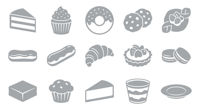 A collection of various sweet pastries and desserts, including cakes, cupcakes, donuts, cookies, eclairs, croissants, tarts, macarons, brownies, muffins, and a tiramisu