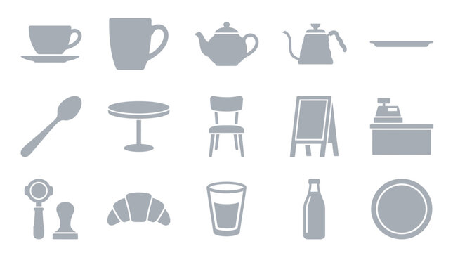 A collection of simple, flat grey icons representing various elements commonly found in a cafe or coffee shop setting.