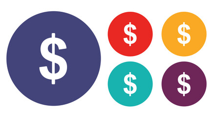 Obraz premium Set of dollar sign icons in different colored circular backgrounds representing global currency, personal finance, and wealth.