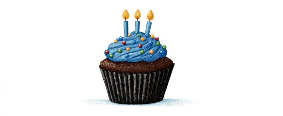 Fototapeta premium Delightful hand-drawn marker sketch of a chocolate cupcake with vibrant blue frosting and candles