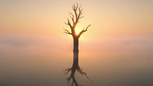 Video of a lonely tree standing in foggy water video