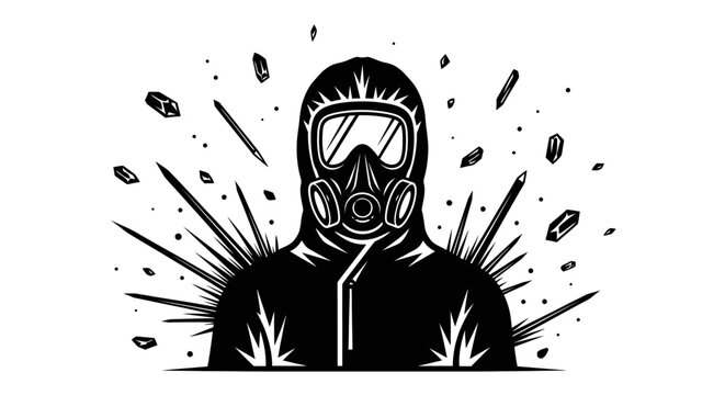 hazmat suit worker facing danger in a hazardous environment surrounded by debris illustrating crisis safety and protection needs.