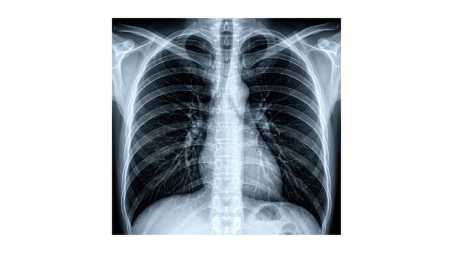 Detailed chest x-ray showing the human rib cage, lungs, and spine