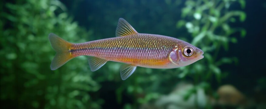 A small freshwater minnow gracefully glides through its serene clear water habitat.
