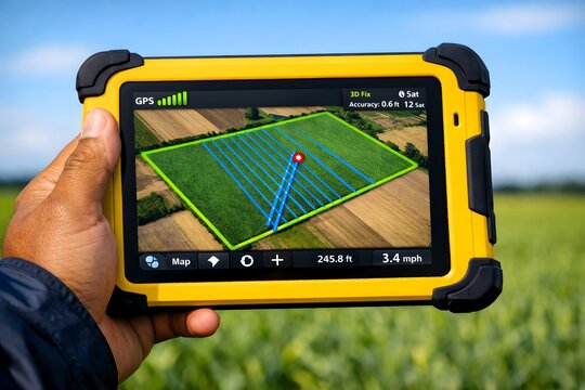 Farmer holding rugged tablet showing drone path over agricultural field using GPS for precision farming