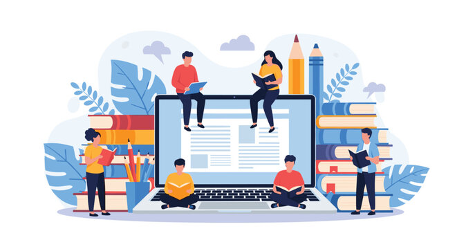 Group of diverse young students reading books and sitting on a giant laptop representing digital education and online learning.
