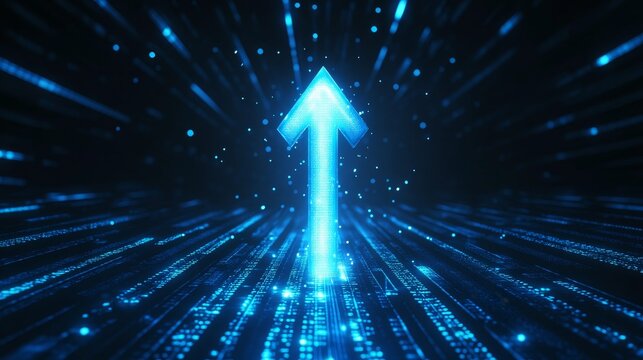Blue glowing arrow pointing upwards symbolizing business growth and career progress, dark background with light rays from rising graph.