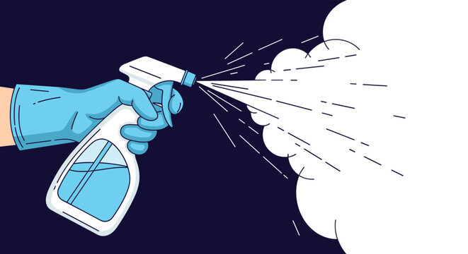 Disinfecting spray used by a person wearing protective gloves to sanitize surfaces and prevent the spread of germs and viruses.