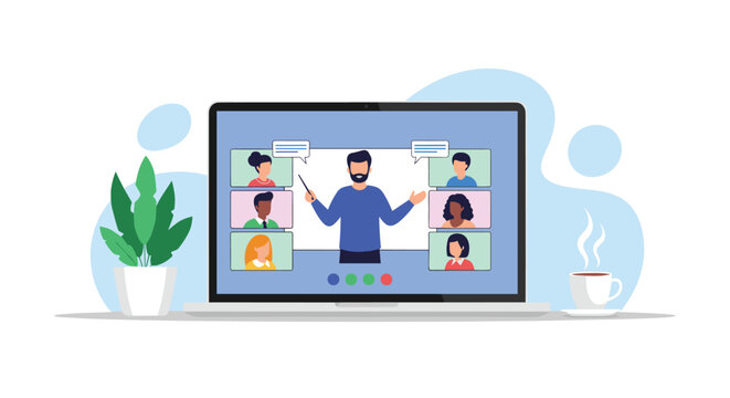 Digital classroom on a laptop screen featuring a male teacher conducting an online lesson with a group of diverse students remotely.