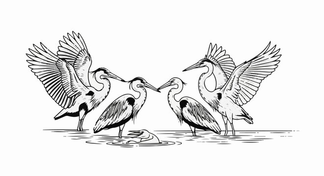 Five herons in water, one with wings spread, another dipping head
