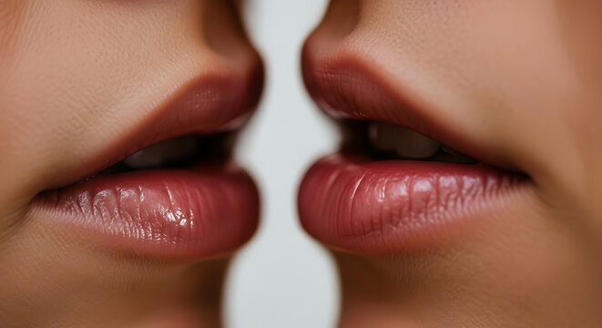 Close-up of two pairs of lips about to kiss, with glossy texture and natural skin tones.
