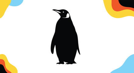 Obraz premium Minimalist silhouette of an emperor penguin on a white background with abstract colorful organic shapes in the corners.
