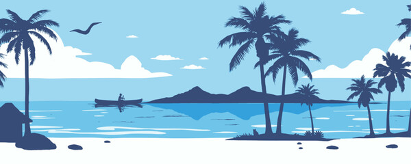 Obraz premium blue tropical beach landscape with palm trees canoe and calm ocean vector illustration