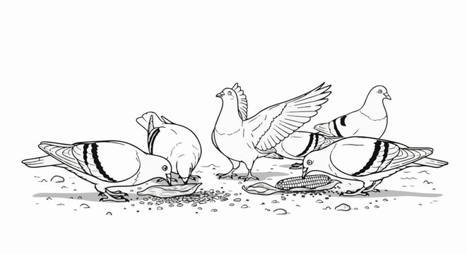 Five pigeons foraging for seeds and corn on the ground