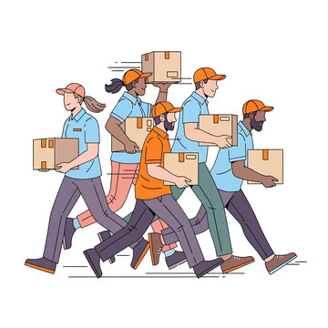 Diverse group of delivery people running with packages and boxes