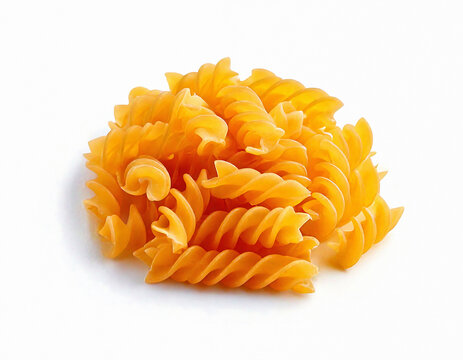 Golden dry fusilli pasta spirals piled on a clean white background. This macro shot highlights the texture and shape of Italian durum wheat pasta, ideal for recipes and food packaging.