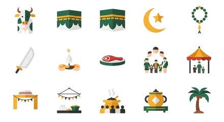 Naklejka premium Colorful Festival Icons Featuring Cows Ayat and Market Stalls