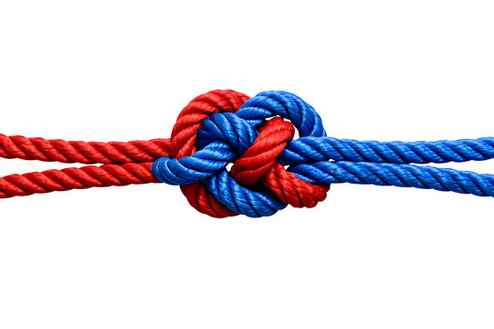 Red and Blue Ropes in Gordian Knot Symbolizing Trade Complexity and Economic Tension