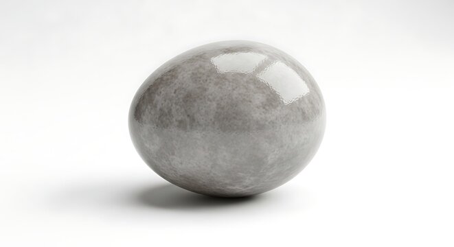 A single, smooth, glossy grey egg-shaped stone object reflecting light on a white background.