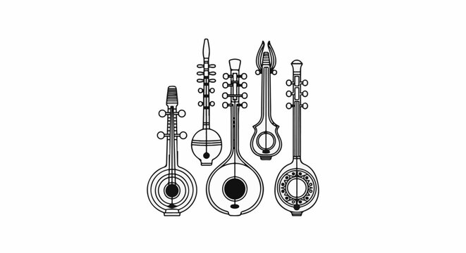 Diverse stringed instruments displayed in black outline