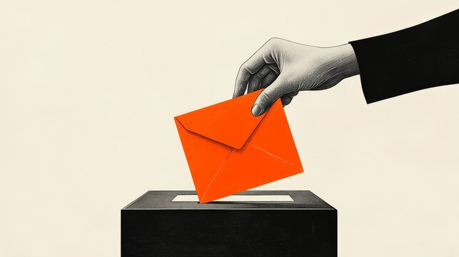 Minimalist illustration of hand placing orange envelope into ballot box, white background, collage style with bold clean lines, pastel colors mixed with black and grey.