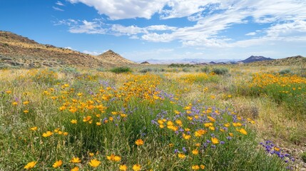 Obraz premium A scenic desert scene with wildflowers blooming among the dry, sandy landscape.