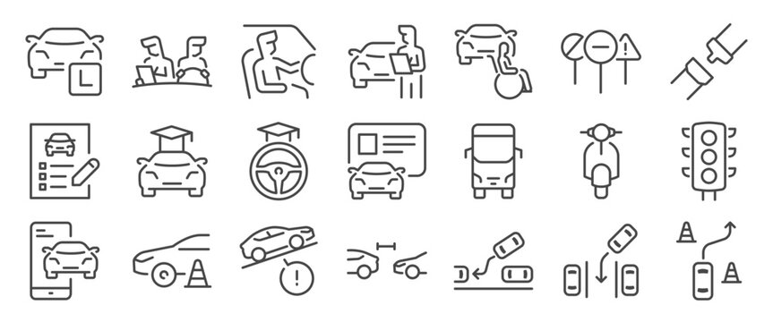 Driving school icon set. It includes car, drive, license, learn, road and more icons. Editable Vector Stroke.