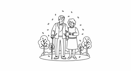 Obraz premium Elderly couple strolls arm in arm through a park on an autumn day