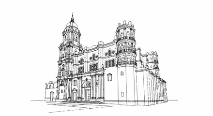 Fototapeta premium Detailed ink sketch of a grand European cathedral with domes and towers