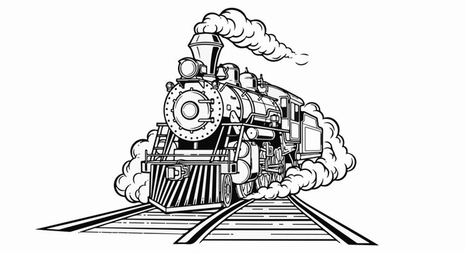 Detailed black and white illustration of a steam locomotive puffing smoke on train tracks