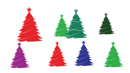 Obraz premium Row of stylized Christmas tree silhouettes in various vibrant colors including red green purple and blue on a white background.