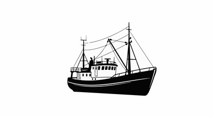 Naklejka premium Detailed black and white illustration of a fishing trawler with masts, rigging, and cabin