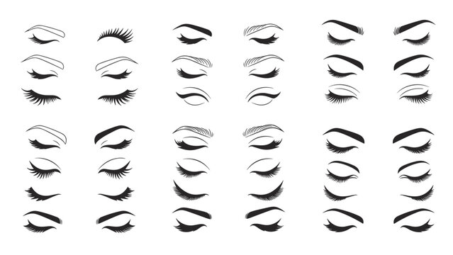 Assortment of female eyelash and eyebrow styles including various thicknesses and lengths for makeup design concepts.