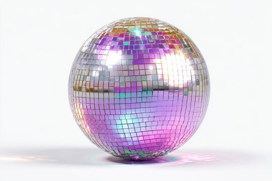 Shimmering Disco Ball with Colorful Reflections Isolated on White