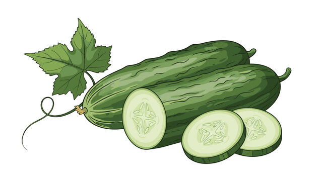 Two whole cucumbers and several slices with a green leaf and vine illustrated in a detailed realistic style.