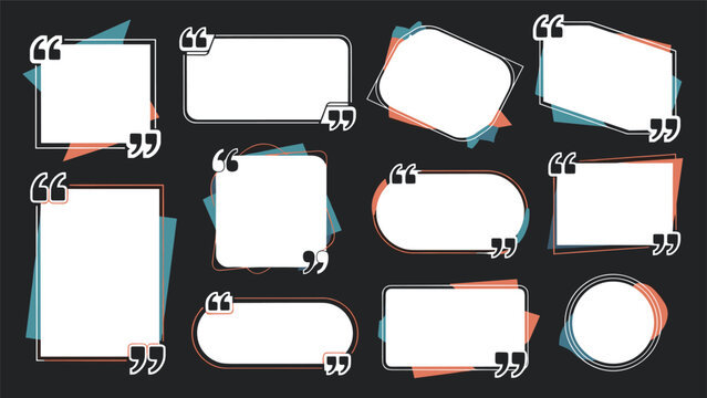 Collection of twelve empty quote boxes in various shapes with quotation marks and colorful abstract background shapes.