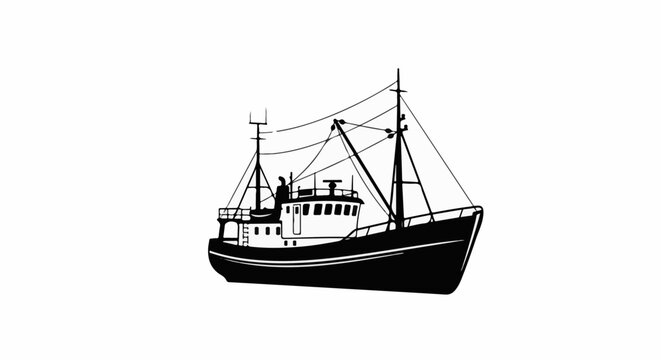 Detailed black and white illustration of a fishing trawler with masts, rigging, and cabin